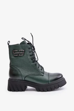 Zazoo 60486 Skórzane Botki Workery Ocieplane Ciemnozielone