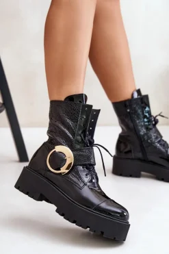 Zazoo 2942 Skórzane Botki Workery Ze Złotą Klamrą Czarne