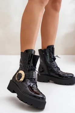 Zazoo 2942 Skórzane Botki Workery Ze Złotą Klamrą Czarne