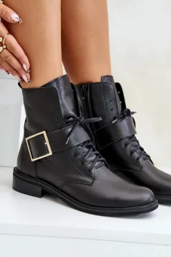 Zazoo 2949 Skórzane Botki Z Klamrą Czarne
