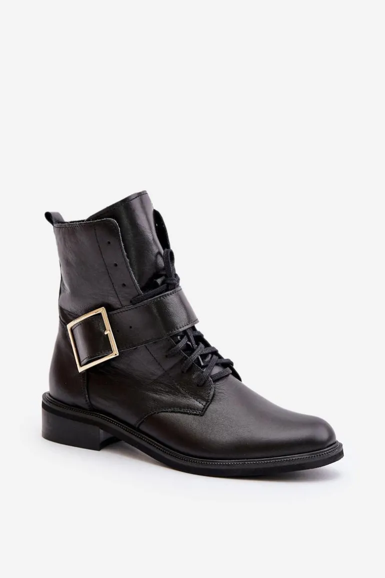 Zazoo 2949 Skórzane Botki Z Klamrą Czarne