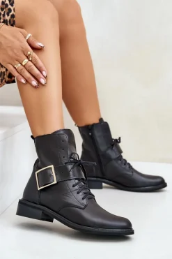 Zazoo 2949 Skórzane Botki Z Klamrą Czarne