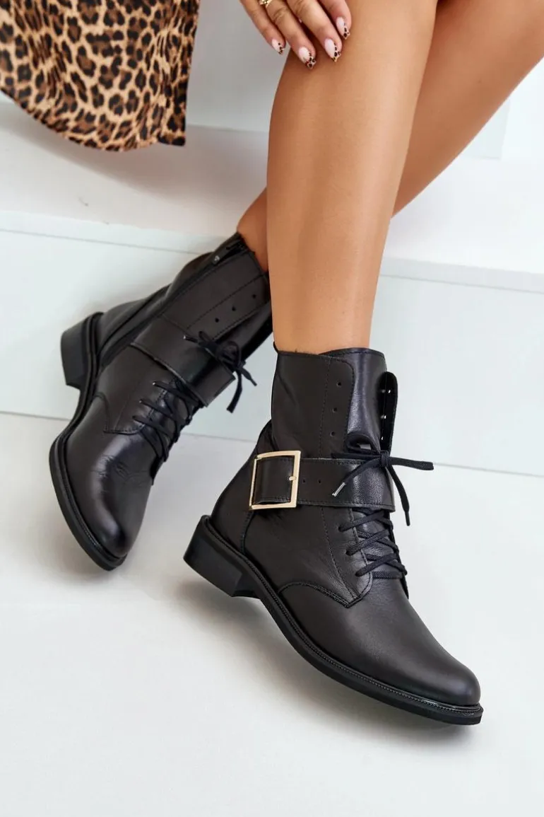 Zazoo 2949 Skórzane Botki Z Klamrą Czarne