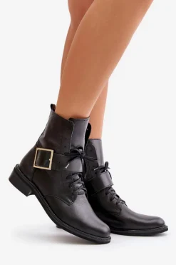 Zazoo 2949 Skórzane Botki Z Klamrą Czarne