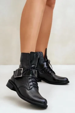 Zazoo 2949 Skórzane Botki Z Klamrą Czarne