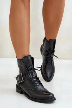 Zazoo 2949 Skórzane Botki Z Klamrą Czarne