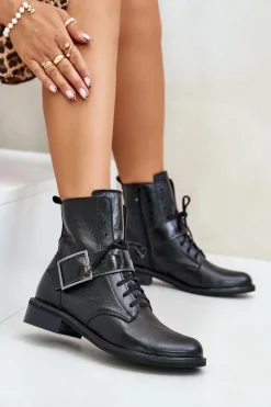 Zazoo 2949 Skórzane Botki Z Klamrą Czarne