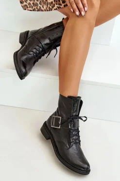 Zazoo 2949 Skórzane Botki Z Klamrą Czarne