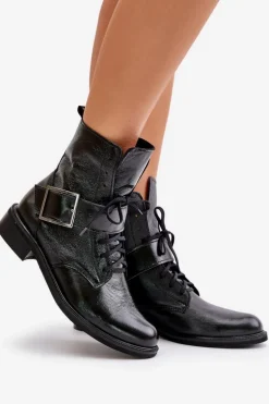 Zazoo 2949 Skórzane Botki Z Klamrą Czarne
