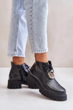 Zazoo 2952 Skórzane Botki Ze Złotą Ozdobą Czarne