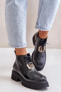 Zazoo 2952 Skórzane Botki Ze Złotą Ozdobą Czarne