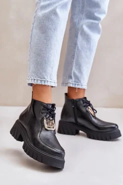 Zazoo 2952 Skórzane Botki Ze Złotą Ozdobą Czarne