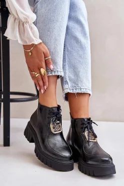 Zazoo 2952 Skórzane Botki Ze Złotą Ozdobą Czarne