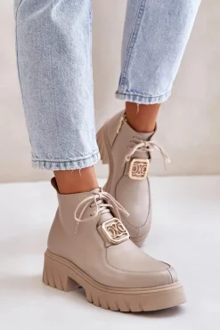 Zazoo 2952 Skórzane Botki Ze Złotą Ozdobą Beżowe