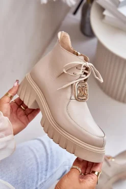 Zazoo 2952 Skórzane Botki Ze Złotą Ozdobą Beżowe