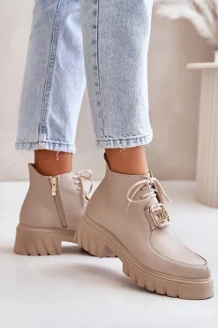 Zazoo 2952 Skórzane Botki Ze Złotą Ozdobą Beżowe