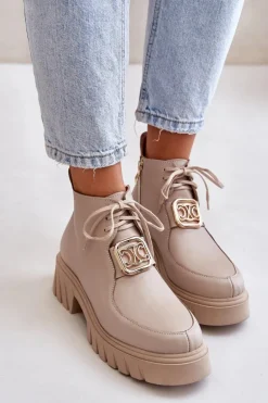 Zazoo 2952 Skórzane Botki Ze Złotą Ozdobą Beżowe