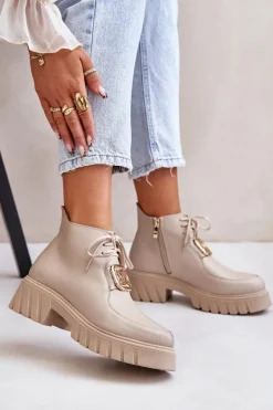 Zazoo 2952 Skórzane Botki Ze Złotą Ozdobą Beżowe