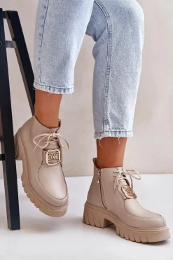 Zazoo 2952 Skórzane Botki Ze Złotą Ozdobą Beżowe