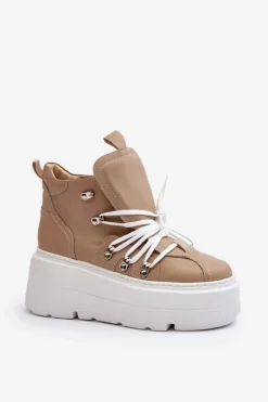 Zazoo 3416 Skórzane Damskie Buty Sportowe Beżowe