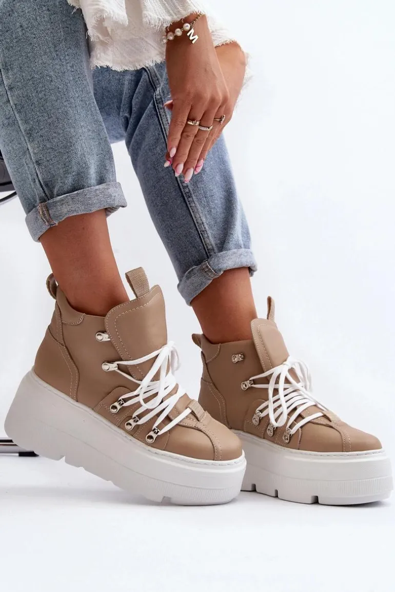 Zazoo 3416 Skórzane Damskie Buty Sportowe Beżowe