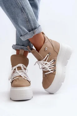 Zazoo 3416 Skórzane Damskie Buty Sportowe Beżowe