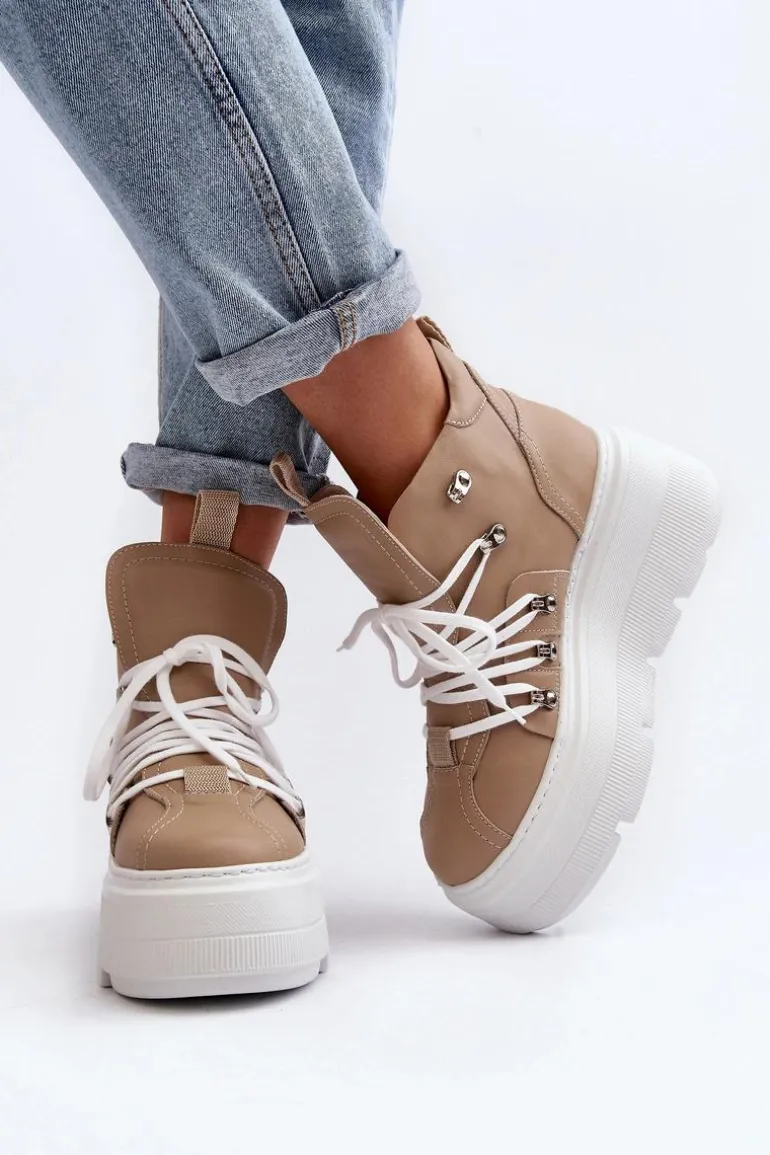 Zazoo 3416 Skórzane Damskie Buty Sportowe Beżowe