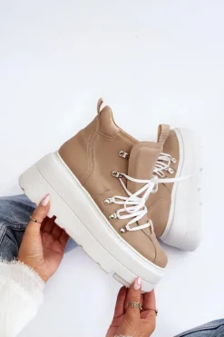 Zazoo 3416 Skórzane Damskie Buty Sportowe Beżowe