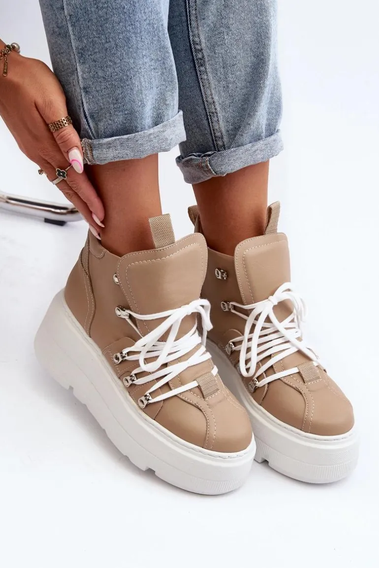 Zazoo 3416 Skórzane Damskie Buty Sportowe Beżowe