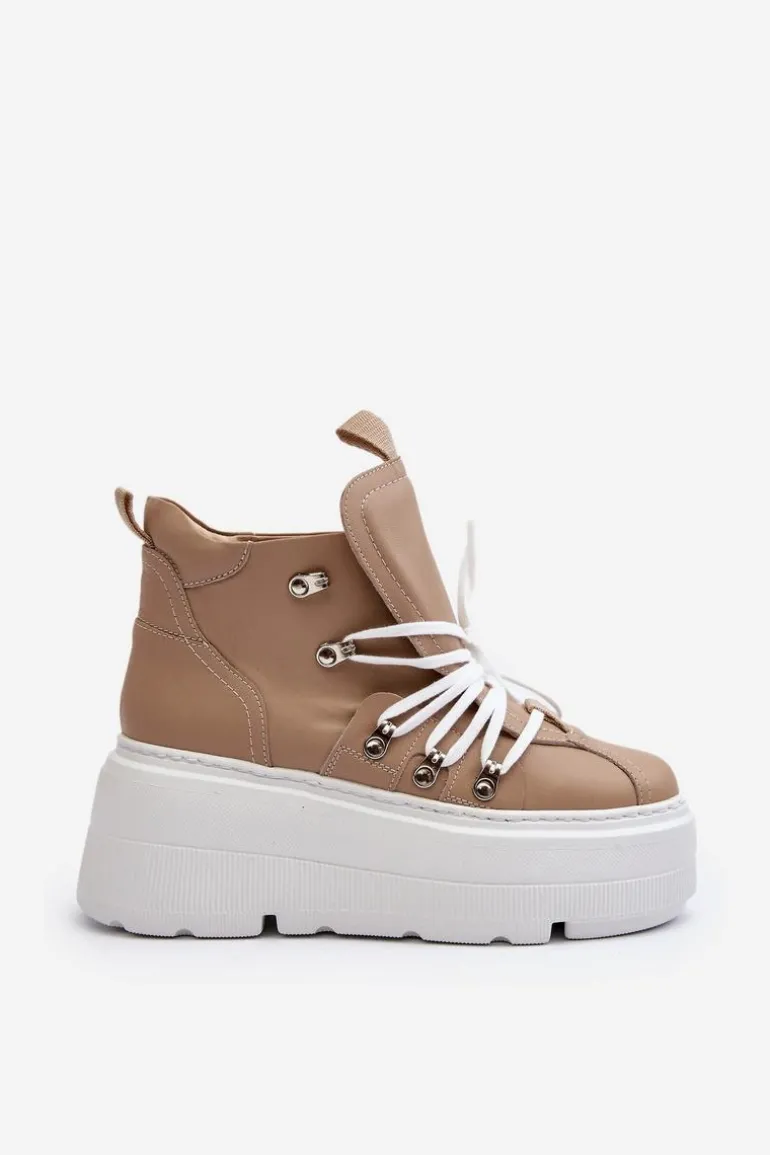 Zazoo 3416 Skórzane Damskie Buty Sportowe Beżowe