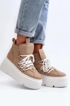 Zazoo 3416 Skórzane Damskie Buty Sportowe Beżowe