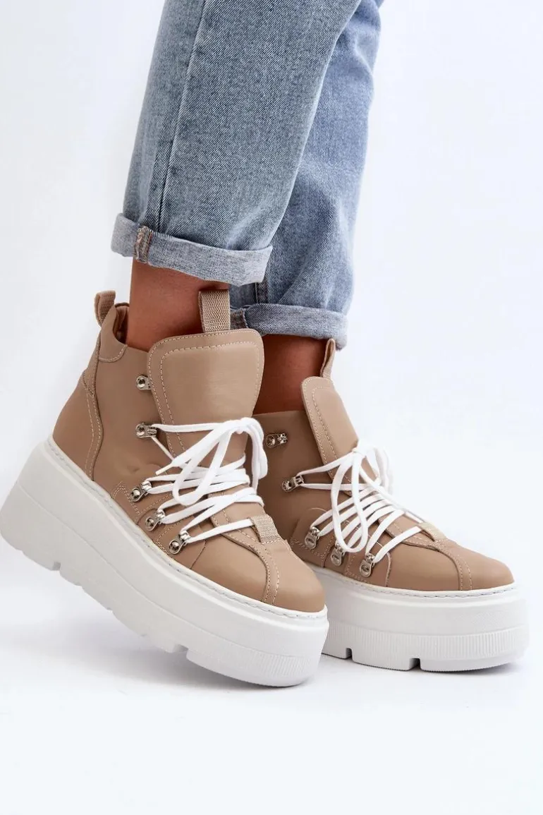 Zazoo 3416 Skórzane Damskie Buty Sportowe Beżowe