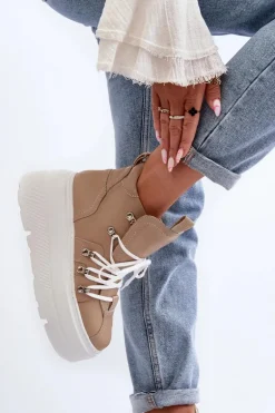 Zazoo 3416 Skórzane Damskie Buty Sportowe Beżowe