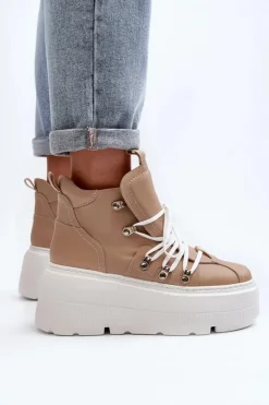 Zazoo 3416 Skórzane Damskie Buty Sportowe Beżowe