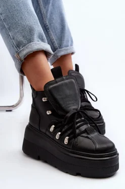 Zazoo 3416 Skórzane Damskie Buty Sportowe Czarne