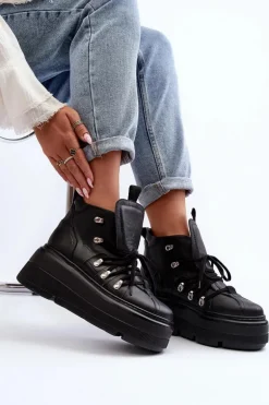 Zazoo 3416 Skórzane Damskie Buty Sportowe Czarne