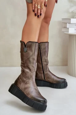 Zazoo 70121 Skórzane Damskie Kozaki Z Wełną Brązowe