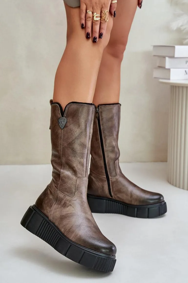 Zazoo 70121 Skórzane Damskie Kozaki Z Wełną Brązowe