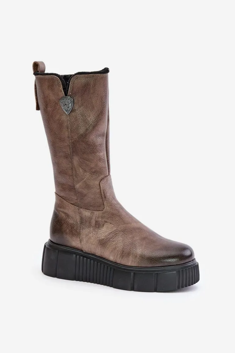 Zazoo 70121 Skórzane Damskie Kozaki Z Wełną Brązowe