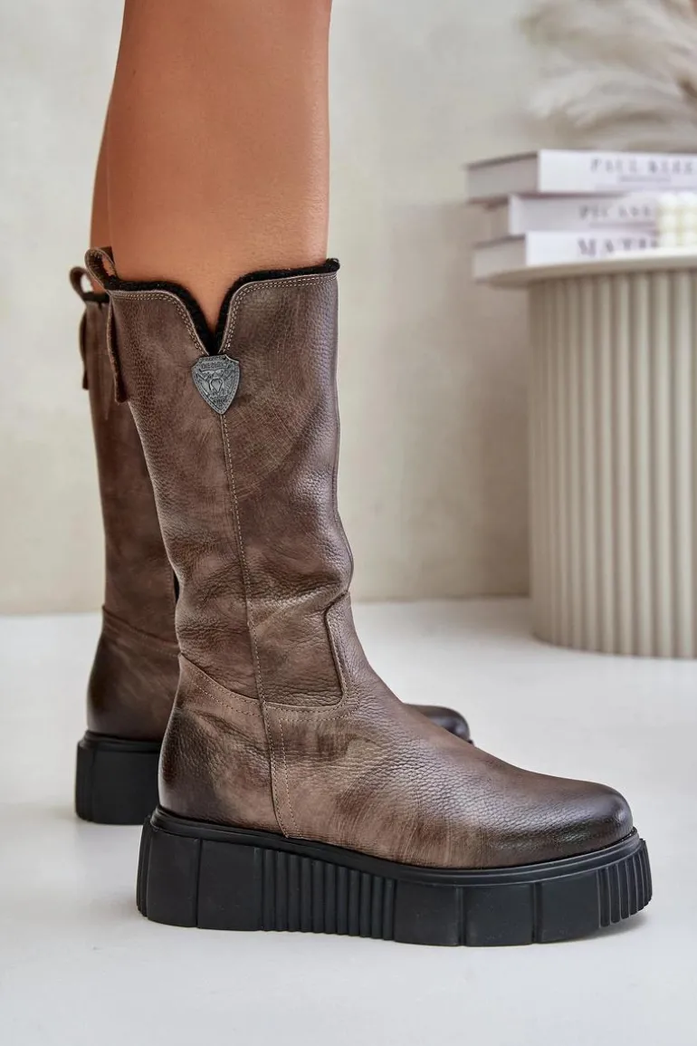 Zazoo 70121 Skórzane Damskie Kozaki Z Wełną Brązowe