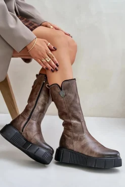 Zazoo 70121 Skórzane Damskie Kozaki Z Wełną Brązowe