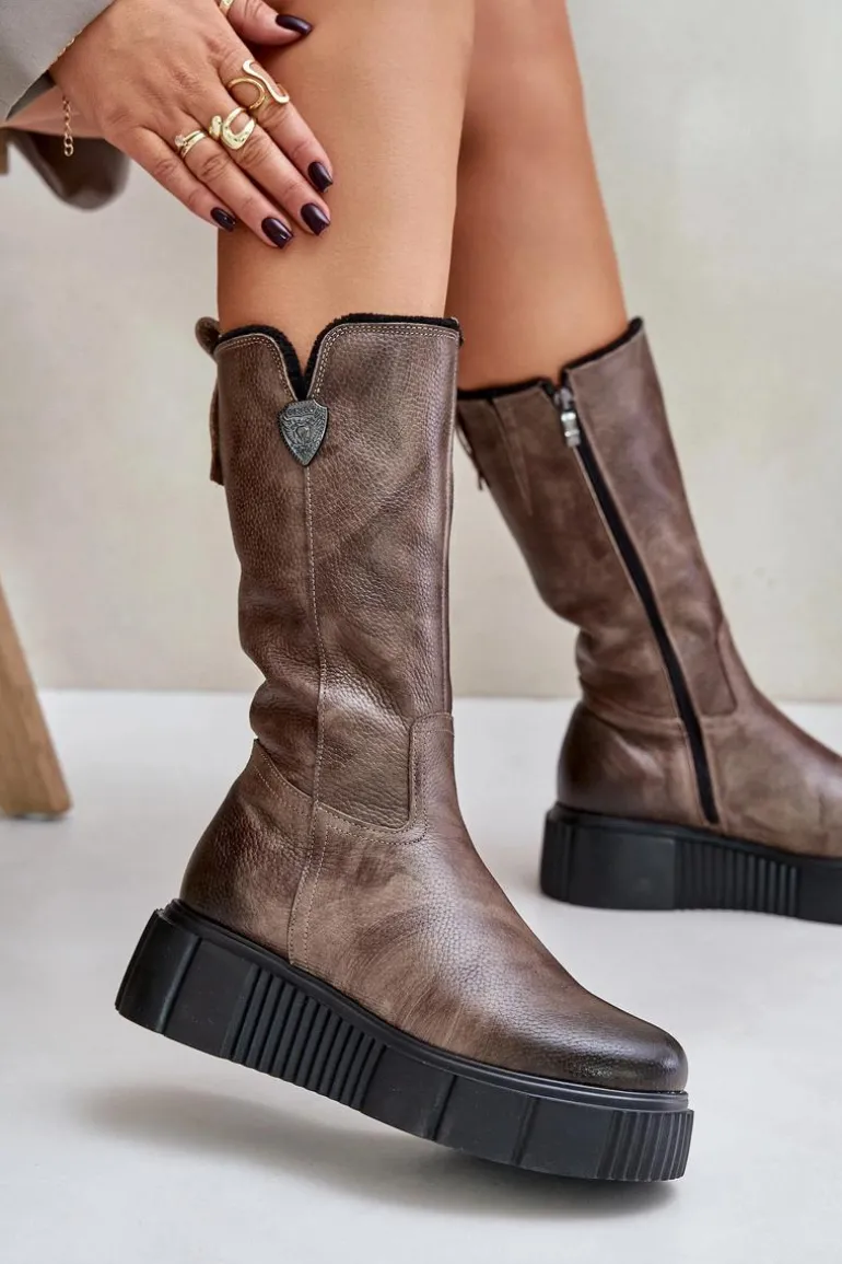 Zazoo 70121 Skórzane Damskie Kozaki Z Wełną Brązowe