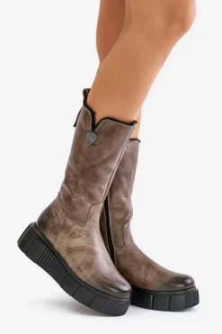 Zazoo 70121 Skórzane Damskie Kozaki Z Wełną Brązowe