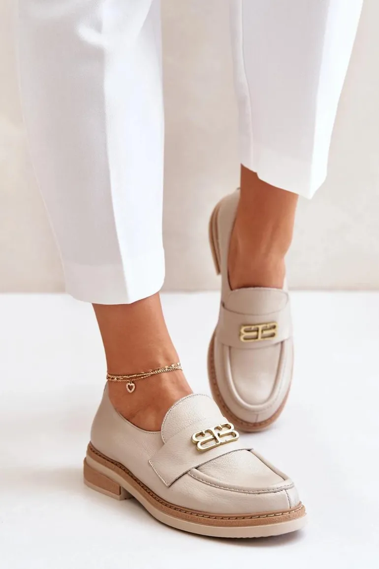 Zazoo 20174 Skórzane Eleganckie Półbuty Damskie Na Płaskim Obcasie Beżowe