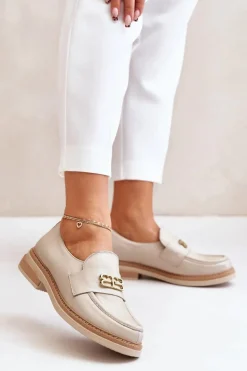 Zazoo 20174 Skórzane Eleganckie Półbuty Damskie Na Płaskim Obcasie Beżowe