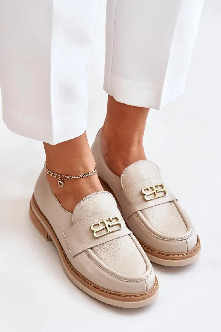 Zazoo 20174 Skórzane Eleganckie Półbuty Damskie Na Płaskim Obcasie Beżowe