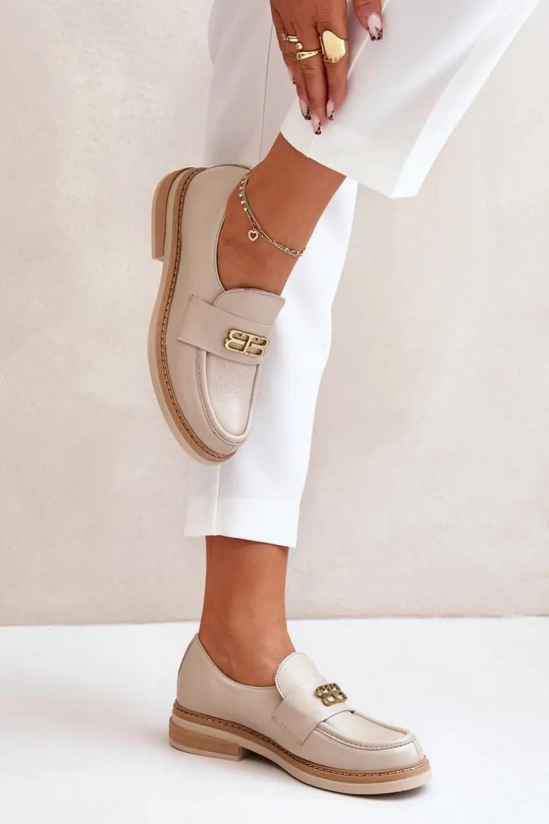 Zazoo 20174 Skórzane Eleganckie Półbuty Damskie Na Płaskim Obcasie Beżowe