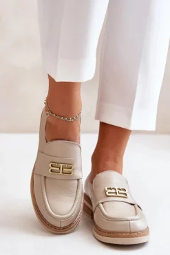 Zazoo 20174 Skórzane Eleganckie Półbuty Damskie Na Płaskim Obcasie Beżowe