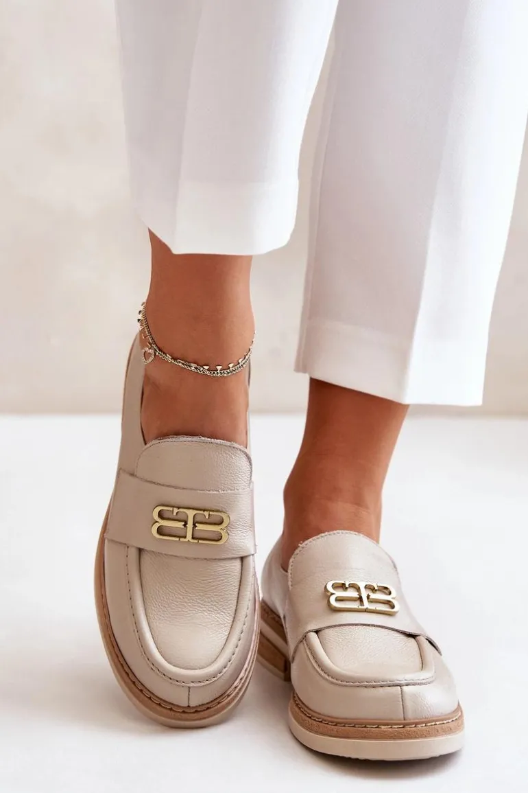 Zazoo 20174 Skórzane Eleganckie Półbuty Damskie Na Płaskim Obcasie Beżowe