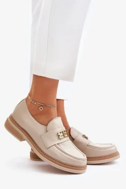 Zazoo 20174 Skórzane Eleganckie Półbuty Damskie Na Płaskim Obcasie Beżowe